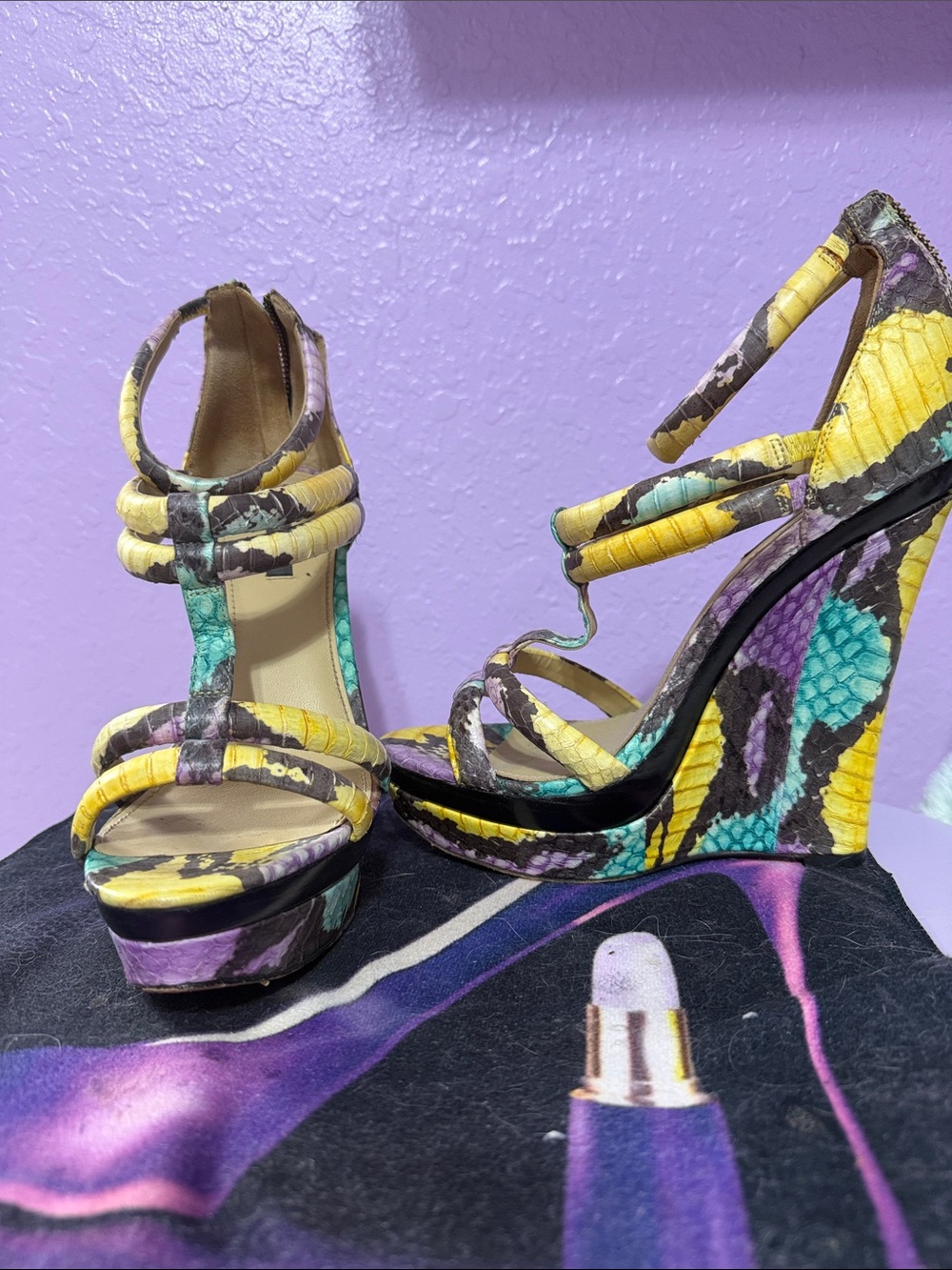 Rachel Zoe Yellow Teal Purple Snake-Print Platform Wedges